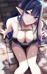 Rule 34 | 1girl, alternate costume, bare legs, bikini, black bikini, black hair, blue archive, blue eyes, blue hair, blush, breasts, brick floor, cleavage, collarbone, colored inner hair, feet out of frame, halo, head tilt, highres, large breasts, looking at viewer, looking up, multicolored hair, navel, nicky w, on ground, pointy ears, rin (blue archive), sitting, solo, swimsuit, two-tone hair