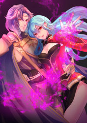 Rule 34 | 1boy, 1girl, alternate costume, aqua hair, aura, breasts, capelet, circlet, cleavage, cleavage cutout, cloak, clothing cutout, corruption, dark persona, earrings, eirika (fire emblem), fire emblem, fire emblem: the sacred stones, fire emblem heroes, fomortiis (fire emblem), glowing, glowing eyes, hair between eyes, heart, highres, intelligent systems, jewelry, long hair, long sleeves, looking at viewer, lyon (fire emblem), magic, nail polish, nails, nintendo, outstretched arm, possessed, possession, purple hair, red eyes, riou (pooh920), side slit, sidelocks, skirt, white skirt