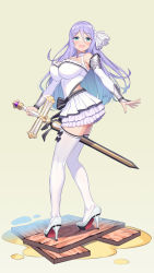 Rule 34 | 1girl, absurdres, bare shoulders, blush, breasts, detached sleeves, green eyes, hair ornament, high heels, highres, large breasts, long hair, looking at viewer, princess connect!, purple hair, shizuru (princess connect!), sideboob, skirt, solo, sword, thighhighs, very long hair, weapon, xiaoxi0619
