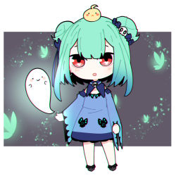 Rule 34 | aqua hair, black background, bug, butterfly, chibi, detached collar, detached sleeves, dress, fandead (uruha rushia), glowing, glowing butterfly, gradient hair, hair ornament, hololive, insect, jewelry, multicolored background, multicolored hair, necklace, open mouth, piyoko (uruha rushia), red eyes, sakana (saka11205), sidelocks, simple background, skull, skull hair ornament, skull necklace, uruha rushia, uruha rushia (1st costume), virtual youtuber, white background, wide sleeves