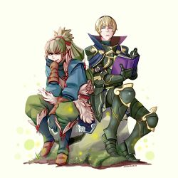 Rule 34 | 2boys, armor, blonde hair, book, fire emblem, fire emblem fates, frown, gloves, greaves, highres, holding, holding book, leo (fire emblem), multiple boys, nintendo, ponytail, sitting, sitting on object, stone, takumi (fire emblem), white background, white hair