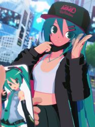 Rule 34 | 1girl, absurdres, aqua eyes, aqua hair, aqua nails, aqua necktie, baseball cap, black headwear, black hoodie, black shorts, black skirt, black sleeves, blue sky, blush, building, cel shading, cellphone, cityscape, clenched teeth, collared shirt, commentary, comparison, crop top, detached sleeves, disguise, embarrassed, english commentary, full-face blush, grey shirt, hair ornament, hairclip, hat, hatsune miku, headphones, headset, highres, holding, holding phone, hood, hoodie, incognito, jewelry, kio (majin kz), long hair, looking to the side, mask, midriff, mikumikudance (medium), mouth mask, necklace, necktie, nervous, phone, pleated skirt, pov, pov hands, shirt, shorts, skirt, sky, sleeveless, sleeveless shirt, solo focus, tank top, teeth, twintails, vector art, very long hair, vocaloid, waving arm, zipper