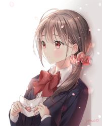 Rule 34 | 1girl, artist name, backlighting, blazer, blush, bow, bowtie, brown hair, cherry blossoms, gomzi, hair ornament, hair scrunchie, holding, holding letter, jacket, letter, long hair, love letter, low ponytail, original, parted lips, petals, red bow, red bowtie, red eyes, school uniform, scrunchie, side ponytail, signature, solo, upper body