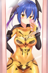 Rule 34 | 1girl, arm up, bad id, bad pixiv id, blue hair, blush, bodysuit, cellphone, collarbone, commentary request, covered navel, cowboy shot, groin, hair between eyes, headgear, highres, mirror, multicolored hair, phantasy star, phantasy star online 2, phone, purple hair, selfie, smartphone, solo, standing, taking picture, twintails, two-tone hair, yellow bodysuit, yellow eyes, yuano, zelsius