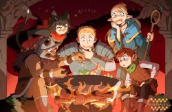Rule 34 | animal ears, armor, beard, black hair, blonde hair, brown hair, cat ears, cat girl, chilchuck tims, chiou!, cooking, drooling, dungeon meshi, facial hair, feet out of frame, fire, helm, helmet, holding, holding staff, izutsumi, laios touden, marcille donato, mouth drool, mustache, pointy ears, senshi (dungeon meshi), sitting, staff