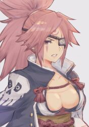 Rule 34 | amputee, baiken, big hair, black jacket, black kimono, breasts, eyepatch, facial tattoo, guilty gear, guilty gear strive, highres, jacket, jacket on shoulders, japanese clothes, kimono, large breasts, levvellevvel, long hair, looking at viewer, multicolored clothes, multicolored kimono, one-eyed, pink hair, ponytail, red eyes, scar, tattoo, white kimono