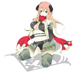 Rule 34 | 1girl, arishiki, armor, bare shoulders, breasts, emblem, fantasy earth zero, green eyes, kneeling, large breasts, long hair, pink hair, scarf, scout (fez), solo, thighhighs