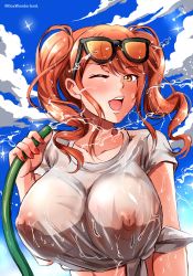 Rule 34 | 1girl, absurdres, box wonderland, breasts, d4dj, eyewear on head, highres, hose, huge breasts, large breasts, nail polish, nipples, one eye closed, orange hair, see-through, seto rika, shirt, sky, solo, sunglasses, twintails, upper body, wet, wet clothes, wet shirt, yellow eyes