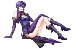 Rule 34 | 1girl, bare shoulders, blue eyes, boots, bracer, breasts, cleavage, dress, earrings, elbow gloves, fire emblem, fire emblem: the blazing blade, gloves, highres, jewelry, knee boots, nintendo, no panties, purple eyes, purple hair, short hair, side slit, simple background, smile, solo, tamamon, thighs, ursula (fire emblem), white background
