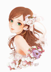 Rule 34 | 1girl, absurdres, artist name, bare shoulders, bow, bowtie, breasts, brown hair, cropped torso, dated, earrings, etou misaki (idolmaster), flower, from side, green eyes, hair bow, hair flower, hair ornament, hair ribbon, highres, hoop earrings, idolmaster, idolmaster cinderella girls, idolmaster cinderella girls starlight stage, jewelry, long hair, looking at viewer, medium breasts, pink flower, purple flower, ribbon, see-through ribbon, smile, solo, tokurou (sunset brand), twitter username, white bow, white bowtie, white flower, white ribbon