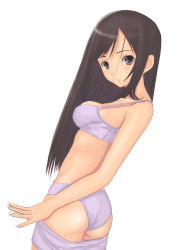 Rule 34 | 1girl, black eyes, black hair, blush, bra, breasts, clothes pull, female focus, lingerie, long hair, looking at viewer, muffin (sirumeria), open mouth, original, panties, purple panties, simple background, skindentation, skirt, skirt pull, solo, strap gap, underwear, undressing, white background