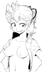 Rule 34 | 1girl, breasts, collarbone, dr. slump, hands on own hips, kimidori akane, looking at viewer, medium breasts, monochrome, navel, nipples, open clothes, open shirt, ponytail, shirt, short sleeves, simple background, smile, solo, sweatdrop, upper body, vest, white background