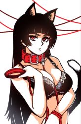 Rule 34 | 1girl, akairiot, animal collar, animal ears, between breasts, black bra, black hair, blunt bangs, bra, breasts, cat ears, cat girl, cat tail, cleavage, collar, friendly mutton chops, highres, holding, holding leash, large breasts, leash, lingerie, original, red eyes, solo, string, string of fate, tail, thick eyebrows, underwear, upper body