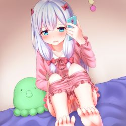Rule 34 | 10s, 1girl, bad id, bad pixiv id, bare legs, barefoot, blue eyes, blush, bow, cellphone, clothed masturbation, clothes pull, eromanga sensei, faubynet, female masturbation, hair bow, highres, holding, holding phone, indoors, izumi sagiri, long hair, looking at viewer, low-tied long hair, masturbation, masturbation through clothes, open mouth, pajamas, panties, phone, pink bow, pussy juice, shorts, shorts pull, silver hair, sitting, smartphone, solo, stuffed animal, stuffed octopus, stuffed toy, talking on phone, tareme, tears, through clothes, toes, trembling, underwear, white panties