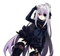 Rule 34 | 1girl, ahoge, black dress, black ribbon, boots, cowboy shot, cross-laced footwear, dress, eyepatch, fishnet thighhighs, fishnets, goth fashion, grey hair, hair between eyes, hair ribbon, long hair, looking at viewer, mearylis (yamanasi mikage), original, pale skin, parted lips, red eyes, ribbon, simple background, sleeves past wrists, solo, thigh boots, thighhighs, thighhighs under boots, very long hair, white background, yamanasi mikage, zettai ryouiki