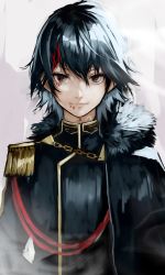 Rule 34 | 1boy, absurdres, aiguillette, alternate costume, androgynous, black hair, chain, close-up, closed mouth, commentary request, epaulettes, fur collar, hair between eyes, hair ornament, hairclip, highres, jacket, looking at viewer, male focus, military, military jacket, military uniform, short hair, smile, solo, stitched face, stitches, suzuya juuzou, tokyo ghoul, tokyo ghoul:re, uniform, x hair ornament, yoshio (55level)