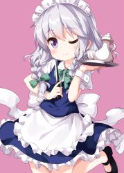 Rule 34 | 1girl, ;), apron, black footwear, blue dress, blush, bow, bowtie, braid, commentary request, cup, dress, frilled apron, frills, green bow, green bowtie, hair bow, hand up, highres, holding, holding knife, holding tray, holding weapon, izayoi sakuya, knife, looking at viewer, maid, maid apron, maid headdress, mary janes, one eye closed, petticoat, pink background, puffy short sleeves, puffy sleeves, purple eyes, ruu (tksymkw), shirt, shoes, short hair, short sleeves, silver hair, simple background, smile, solo, teacup, teapot, touhou, tray, twin braids, waist apron, weapon, white apron, white shirt, wrist cuffs