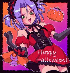 1boy apron creatures_(company) crossdressing dress fang game_freak gen_7_pokemon gloves green_eyes hair_ribbon halloween highres james_(pokemon) looking_at_viewer macchiromomomo maid maid_headdress male_focus mareanie neck_ribbon nintendo pokemon pokemon_(anime) pokemon_(classic_anime) purple_hair ribbon smile solo solo_focus team_rocket trap