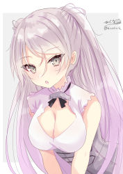 Rule 34 | 1girl, absurdres, armpit cutout, blush, breasts, cleavage, cleavage cutout, clothing cutout, conte di cavour (kancolle), conte di cavour nuovo (kancolle), corset, dress, frilled dress, frills, grey dress, grey eyes, grey hair, highres, hizaka, kantai collection, large breasts, layered dress, long hair, looking at viewer, one-hour drawing challenge, open mouth, simple background, solo, twitter username, two-tone dress, two side up, upper body, white background, white dress