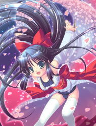 Rule 34 | bare shoulders, black hair, black one-piece swimsuit, bow, cameltoe, cherry blossoms, flower, green eyes, hair bow, happy, japanese clothes, kimono, leaning forward, long hair, one-piece swimsuit, open mouth, original, petals, ribbon, rusty soul, school swimsuit, solo, swimsuit, swimsuit under clothes, thigh gap, thighhighs, thighs, very long hair, wind