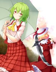 Rule 34 | 2girls, aka tawashi, ascot, ass, blonde hair, blush, bow, breasts, commentary request, dress, elly (touhou), feet out of frame, from behind, green hair, green umbrella, hair between eyes, hat, hat bow, highres, holding, holding scythe, holding umbrella, holding weapon, juliet sleeves, kazami yuuka, large breasts, long sleeves, looking at viewer, multiple girls, over shoulder, petticoat, plaid, plaid skirt, plaid vest, puffy sleeves, red bow, red dress, red eyes, red ribbon, red skirt, red vest, ribbon, scythe, shirt, short hair, short sleeves, skirt, standing, touhou, touhou (pc-98), umbrella, vest, weapon, weapon over shoulder, white hat, white shirt, wing collar, yellow ascot