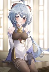 Rule 34 | 1girl, absurdres, ahoge, arm support, bare shoulders, bell, blue gloves, blue hair, blush, breasts, brown legwear, detached sleeves, ganyu (genshin impact), genshin impact, gloves, gold trim, highres, horns, indoors, light smile, long hair, looking at viewer, medium breasts, neck bell, nerua, paper, purple eyes, sidelocks, sitting, solo, table, thighlet, white sleeves, window