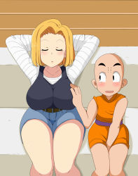 Rule 34 | 1girl, aaa (nisetsuru), age difference, android 18, arms behind head, arms up, bald, belt, blonde hair, blush, bob cut, breasts, closed eyes, couch, dragon ball, dragonball z, floor, from above, grabbing, grabbing another&#039;s breast, highres, kuririn, large breasts, legs, legs together, open mouth, parted lips, raglan sleeves, short hair, shorts, sitting, size difference, sleeping, snoring, thick thighs, thighs