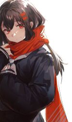 Rule 34 | 1girl, black shirt, brown hair, enpera, hair ornament, hairclip, hand on own chest, hashtag-only commentary, highres, holding, holding clothes, holding scarf, kagerou project, kurotero, looking at viewer, neckerchief, red eyes, red scarf, sailor collar, scarf, shirt, smile, tateyama ayano, upper body, white background, white neckerchief