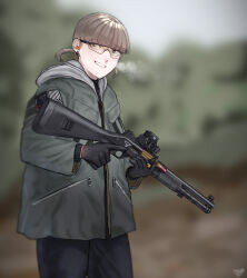 Rule 34 | 1girl, american flag, artist name, benelli m4 super 90, blurry, blurry background, breath, brown hair, ear defenders, earrings, eotech, gloves, gun, highres, holding, holding weapon, hood, hood down, jacket, jewelry, original, pants, patch, shotgun, shotgun shell, signature, smile, teeth, the zombie5555, trigger discipline, twintails, weapon, zipper