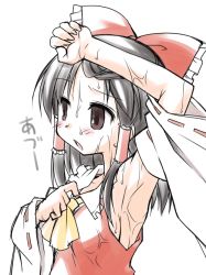 Rule 34 | 1girl, akou roushi, arm up, armpits, ascot, black hair, bow, breasts, brown eyes, collar tug, detached sleeves, female focus, hair bow, hair tubes, hakurei reimu, hot, japanese clothes, long hair, miko, open mouth, sideboob, sidelocks, simple background, solo, sweat, touhou, upper body, very sweaty, white background