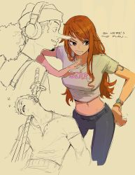 Rule 34 | 1girl, 2boys, beard, breasts, brown eyes, commentary, cropped legs, edpan, english commentary, english text, facial hair, grey pants, grin, hand on own hip, head tilt, highres, jewelry, katana, long hair, long nose, medium breasts, midriff, multiple boys, nami (one piece), navel, necklace, one piece, open mouth, orange hair, pants, ponytail, roronoa zoro, short hair, sleeping, smile, solo focus, stomach, sword, usopp, very short hair, watch, weapon, wristwatch, yellow background, zzz