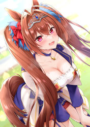 Rule 34 | abe hikaru, absurdres, alternate costume, animal ears, bent over, blurry, blurry background, blush, breasts, brown hair, cleavage, collar, collarbone, daiwa scarlet (umamusume), hair intakes, highres, horse ears, horse girl, large breasts, long hair, looking at viewer, open mouth, red eyes, shorts, starting future (umamusume), thighhighs, twintails, umamusume
