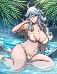 Rule 34 | 1girl, adjusting hair, aqua eyes, aqua hair, armlet, bikini, breasts, dragon horns, highres, horns, large breasts, long hair, looking at viewer, mole, mole on breast, omiza somi, original, parted lips, partially submerged, plump, smile, solo, swimsuit, teeth, thick thighs, thighs, wavy hair, white bikini
