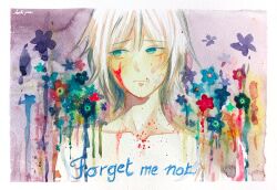 Rule 34 | 1boy, artist name, bare shoulders, blood, blood on face, blue eyes, blue flower, border, closed mouth, collarbone, commentary, dripping, english commentary, english text, floral background, flower, forget-me-not (flower), frown, hoshi-pan, looking to the side, open clothes, open shirt, original, painting (medium), purple background, red flower, shirt, short hair, solo, straight-on, traditional media, upper body, watercolor (medium), white border, white hair, white shirt