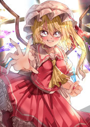 Rule 34 | 1girl, absurdres, ascot, backlighting, blonde hair, blurry, blurry background, blush, breasts, clenched hand, collared shirt, commentary request, cowboy shot, crystal, flandre scarlet, frilled shirt collar, frilled skirt, frilled sleeves, frills, hat, hat ribbon, highres, long hair, looking at viewer, mahoro (minase mahoro), mob cap, nail polish, orange eyes, outstretched hand, puffy short sleeves, puffy sleeves, red nails, red ribbon, red skirt, red vest, ribbon, shirt, short sleeves, side ponytail, skirt, skirt set, small breasts, solo, touhou, v-shaped eyebrows, vest, white hat, white shirt, window, wings, yellow ascot