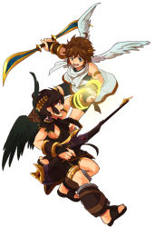 Rule 34 | 2boys, ancient greek clothes, angel wings, black hair, blue eyes, bow (weapon), bracer, brown hair, chiton, circlet, dark pit, eichi (wild chicken), gauntlets, holding, holding weapon, kid icarus, kid icarus uprising, large wings, laurel crown, male focus, multiple boys, nintendo, pit (kid icarus), red eyes, sandals, toga, weapon, wings