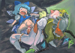 Rule 34 | 2girls, bottomless, cirno, cum, cum in pussy, enajii, flandre scarlet, flat chest, fucked silly, futa with female, futanari, missionary, multiple girls, open mouth, penis, ribbon, sex, stomach bulge, tongue, touhou, vaginal, wings