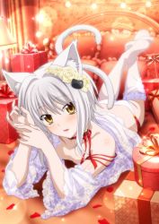 Rule 34 | 1girl, absurdres, animal ear fluff, animal ears, ass, bed, blush, bouquet, box, breasts, cat ears, cat girl, cat hair ornament, cat tail, feet, female focus, flower, gift, gift box, hair flower, hair ornament, high school dxd, highres, looking at viewer, lying, official art, on stomach, open mouth, pillow, short hair, silver hair, smile, solo, tail, the pose, thighhighs, toujou koneko, white thighhighs, yellow eyes