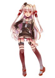 Rule 34 | 10s, 1girl, absurdres, amatsukaze (kancolle), blush, brown eyes, dress, fang, garter straps, gloves, hand on own hip, headband, highres, jeanyei, kantai collection, long hair, looking at viewer, open mouth, personification, red thighhighs, sailor dress, school uniform, serafuku, short dress, silver hair, simple background, single glove, solo, standing, striped clothes, striped thighhighs, thighhighs, twintails, two side up, white background, white gloves, zettai ryouiki