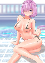 Rule 34 | 1girl, absurdres, alternate costume, bad id, bad pixiv id, bare arms, bare legs, bare shoulders, barefoot, bikini, black bikini, blurry, blurry background, blush, collarbone, commentary request, fate/grand order, fate (series), foot out of frame, hair over one eye, highres, innertube, looking at viewer, lying, mash kyrielight, nipples, on side, outdoors, pink hair, purple eyes, short hair, side-tie bikini bottom, sitting, smile, solo, string bikini, sunlon, swim ring, swimsuit, water