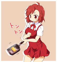 Rule 34 | 00s, 1girl, :o, aoba tsugumi, apron, bow, bowtie, cooking, frying pan, kannagi, kojima tsuma, makiyakinabe, parted lips, red bow, red bowtie, red eyes, red hair, short sleeves, solo, steam