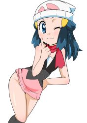 Rule 34 | 1girl, blue eyes, blue hair, blush, breasts, creatures (company), curvy, dawn (pokemon), female focus, game freak, hainchu, highres, looking at viewer, looking down, nintendo, no panties, one eye closed, pokemon, pokemon (anime), pokemon dppt (anime), shiny skin, skirt, small breasts, smile, solo, wink