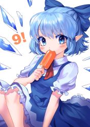 Rule 34 | 1girl, :&lt;, blue bow, blue dress, blue eyes, blue hair, blush, bow, cirno, dress, eating, food, food in mouth, hair bow, highres, ice, ice wings, looking at viewer, pointy ears, popsicle, popsicle in mouth, puffy short sleeves, puffy sleeves, shianebulae, short hair, short sleeves, sitting, solo, touhou, white background, wings