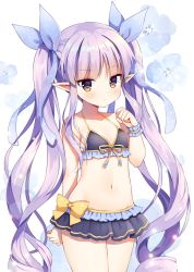 Rule 34 | 1girl, bare arms, bare shoulders, bikini, black bikini, blue flower, blue ribbon, blush, breasts, brown eyes, closed mouth, commentary request, floral background, flower, front-tie bikini top, front-tie top, groin, hair ribbon, hand up, kyouka (princess connect!), long hair, looking at viewer, mauve, navel, pointy ears, princess connect!, puru, ribbon, sidelocks, small breasts, solo, swimsuit, twintails, very long hair, wrist cuffs