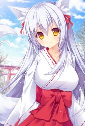 Rule 34 | 1girl, animal ear fluff, animal ears, arms at sides, blue sky, blush, breasts, closed eyes, day, female focus, fox ears, fox tail, hair between eyes, hair ribbon, hakama, hakama skirt, highres, japanese clothes, kimono, large breasts, lens flare, long hair, long sleeves, looking at viewer, miko, original, outdoors, pimopi, red hakama, red ribbon, ribbon, skirt, sky, solo, sunlight, tail, tareme, torii, upper body, very long hair, white hair, white kimono, wide sleeves, winter, yellow eyes