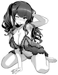 Rule 34 | 1girl, alternate costume, azur lane, breasts, dress, full body, greyscale, hand in own hair, heart, heart necklace, hori (hori no su), jewelry, large breasts, lingerie, monochrome, mouth hold, necklace, negligee, one eye closed, panties, pola (azur lane), see-through, see-through dress, simple background, skindentation, solo, string panties, twintails, underwear, white background