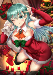 Rule 34 | 1girl, ;q, akizuki akina, aqua eyes, aqua hair, armpits, black footwear, blush, boots, breasts, candle, candlelight, christmas, christmas tree, commentary request, detached collar, detached sleeves, dress, fur-trimmed dress, fur trim, gift, hair ornament, hairclip, holding, holding sack, indoors, kantai collection, large breasts, leg up, long hair, looking at viewer, nail polish, one eye closed, pink nails, red dress, sack, santa costume, smile, solo, star (symbol), suzuya (kancolle), thigh boots, thighhighs, thighs, tongue, tongue out