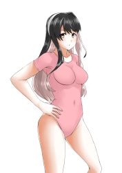 Rule 34 | 1girl, 30-06, absurdres, alternate costume, athletic leotard, black hair, breasts, collarbone, hands on own hips, highres, kantai collection, leotard, long hair, medium breasts, multicolored hair, naganami (kancolle), pink hair, pink leotard, solo, two-tone hair, wavy hair, yellow eyes