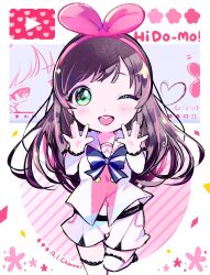 Rule 34 | 1girl, ;d, blue bow, bow, brown hair, commentary, detached sleeves, foot out of frame, green eyes, hairband, highres, kiato, kizuna ai, kizuna ai inc., long hair, looking at viewer, multicolored hair, one eye closed, open hands, open mouth, pink background, pink bow, pink hair, pink hairband, sailor collar, shirt, shorts, smile, solo, standing, standing on one leg, streaked hair, symbol-only commentary, virtual youtuber, white shirt, white shorts, youtube logo