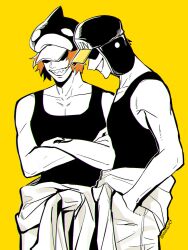 Rule 34 | 2boys, arm tattoo, blonde hair, commentary, covered eyes, cowboy shot, crossed arms, hands in pockets, hat, highres, male focus, multiple boys, mxhxkxcx, one piece, orange hair, penguin (one piece), profile, shachi (one piece), sharp teeth, short hair, simple background, smile, symbol-only commentary, tank top, tattoo, teeth, twitter username, yellow background